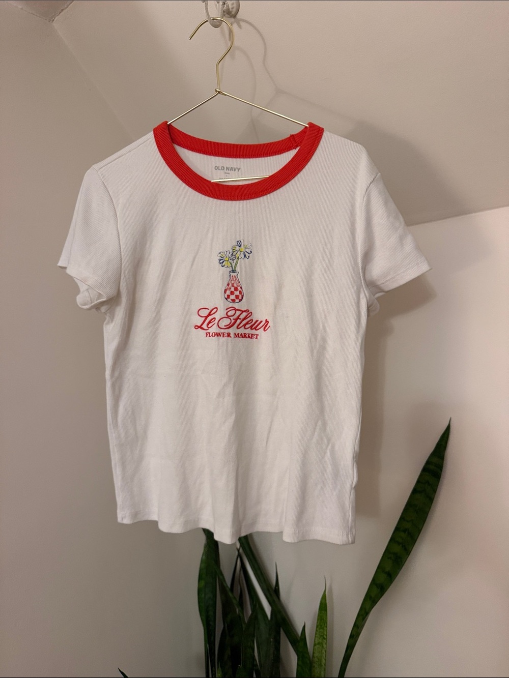 Old Navy White Tee with Red Ringer and Floral Graphic